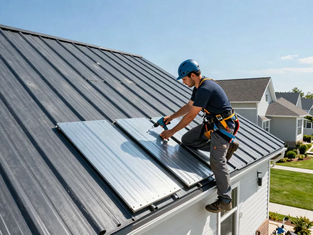 Professional contractor installing M Roof metal roofing on a suburban home.
