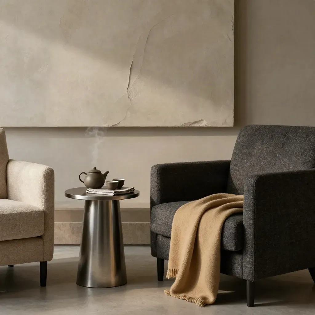 Quiet counselling room corner with armchairs, tea set, and soft lamplight.