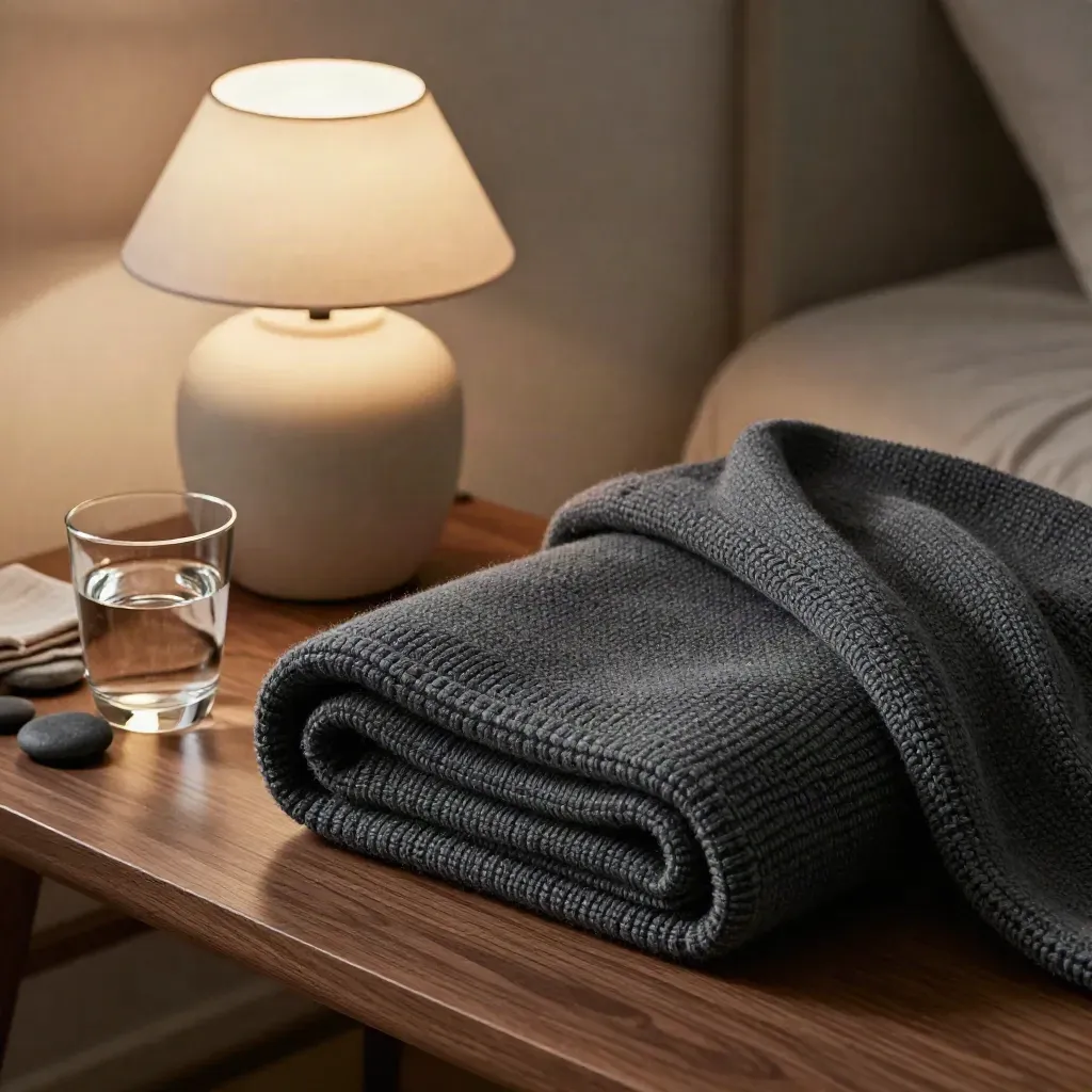 Weighted blanket, lamp, water glass and stones on a walnut bedside table