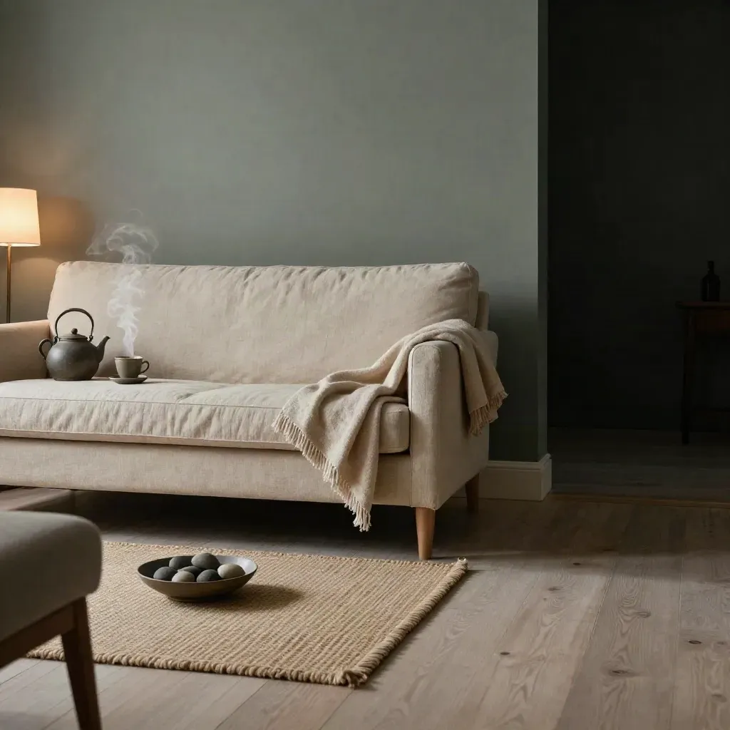 Moody counselling studio with loveseat, steam, throw and lamp in rain-dim light.