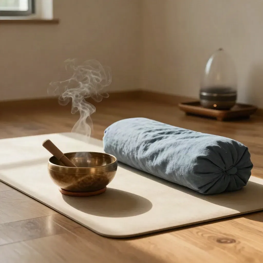 Mindfulness mat, bolster, singing bowl, and cedar tray in a calm studio corner with steam.