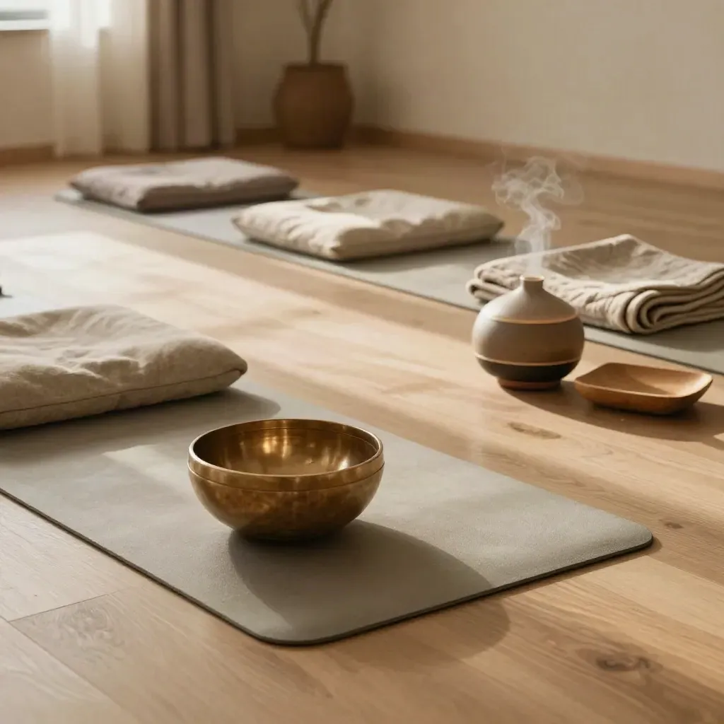 Empty breathwork studio with rolled mats, cushions, brass bowl and drifting mist in warm window light.