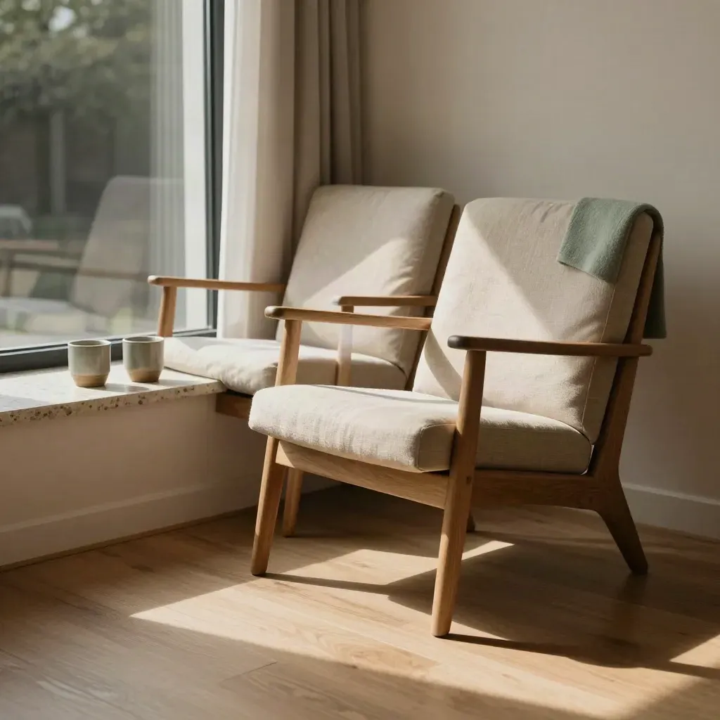 Two empty chairs with cups and a shared throw in a sunlit therapy nook