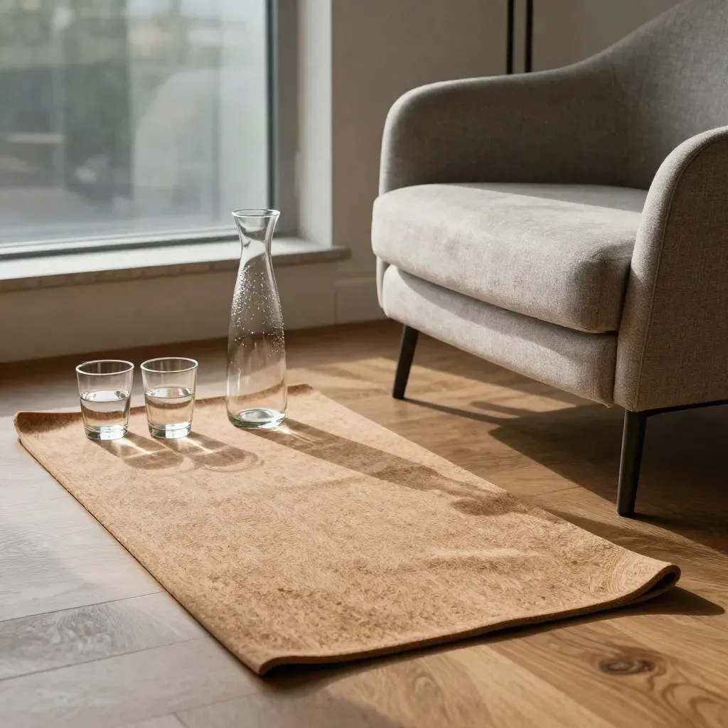 Office wellness corner with a folded breath mat, carafe, water glasses, and an empty lounge chair