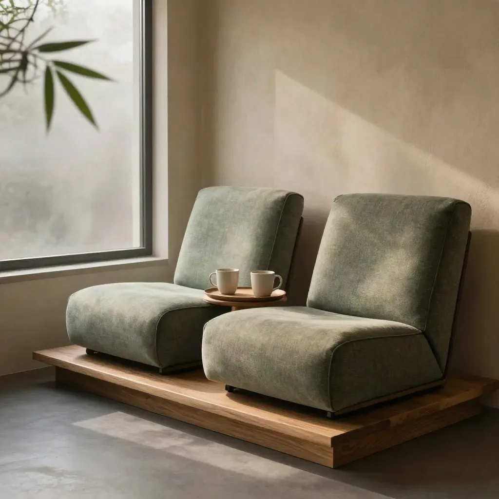 Two sage chairs and mugs in a misty counselling nook with a shared tray.