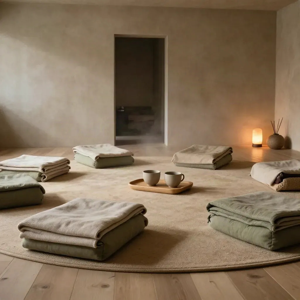 Empty relaxation workshop circle with blankets, cushions, tea cups, and a glowing salt lamp in a hazy spa room.