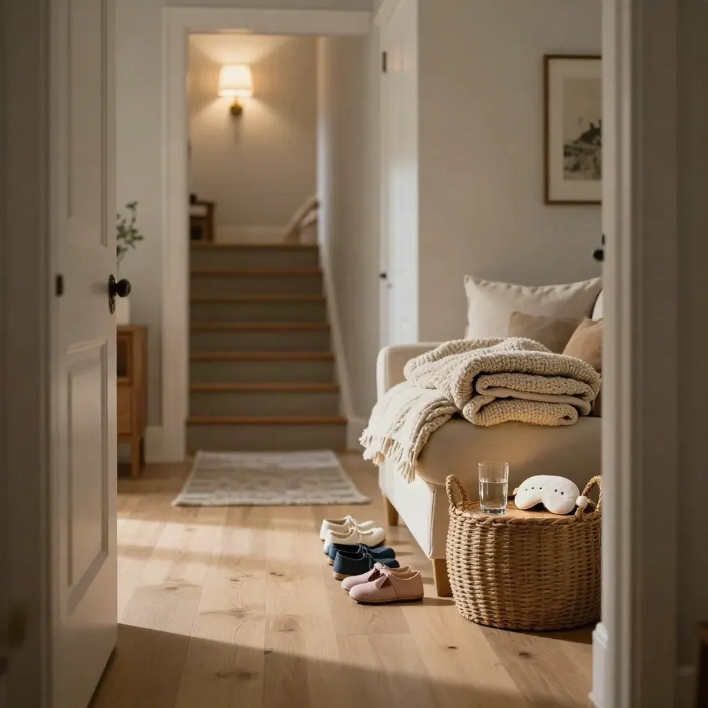 Calm Toronto family entryway with aligned shoes, blanket on sofa, bedtime basket, warm lamp glow.