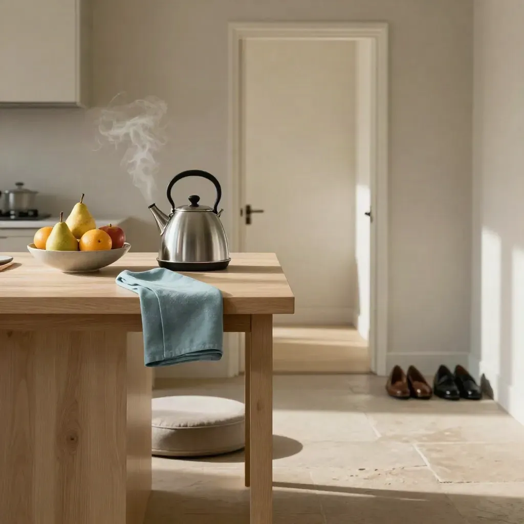 Quiet morning kitchen with kettle steam, fruit bowl, cushion under table, and neatly lined shoes by the door