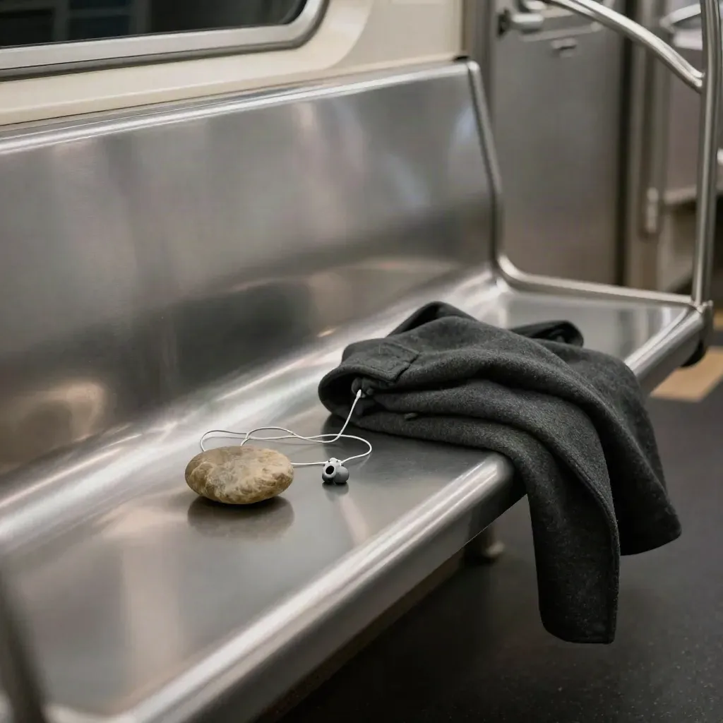 Stainless subway bench with breathing stone, earbuds, and folded coat in quiet motion
