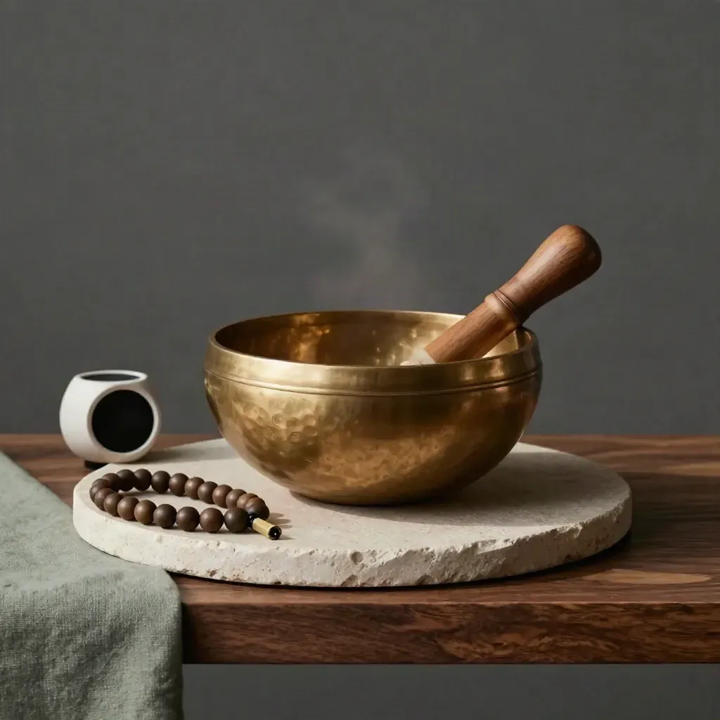 Brass singing bowl, striker, mala beads and breath timer on pale stone with sage linen and hazy shadow