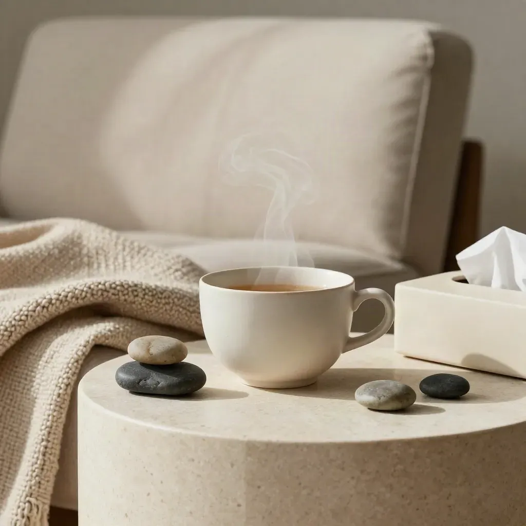 Tea service, blanket, grounding stones and tissues beside a linen armchair in a calm counselling corner.