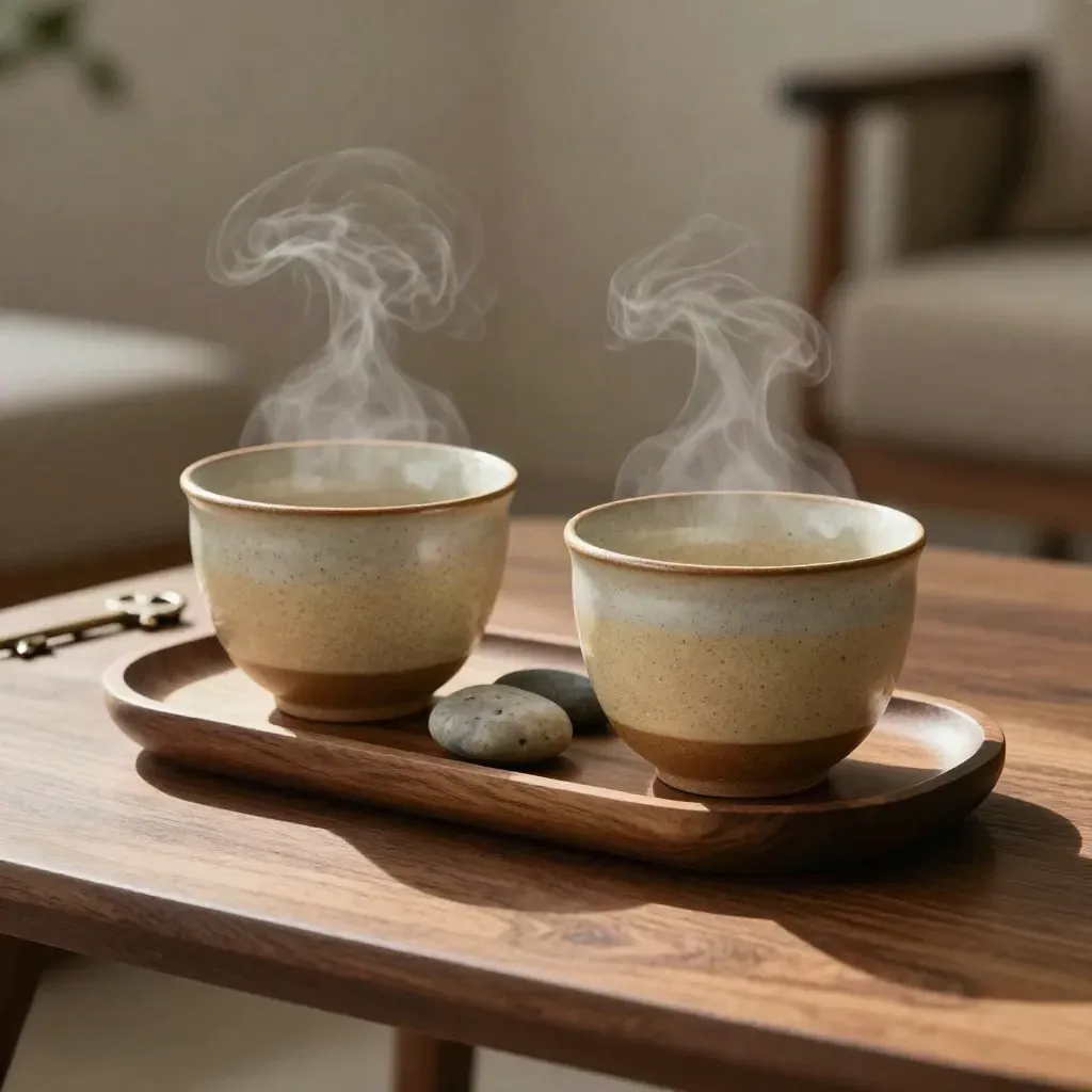 Two steaming cups and river stones on a walnut side table in a calm counselling setting