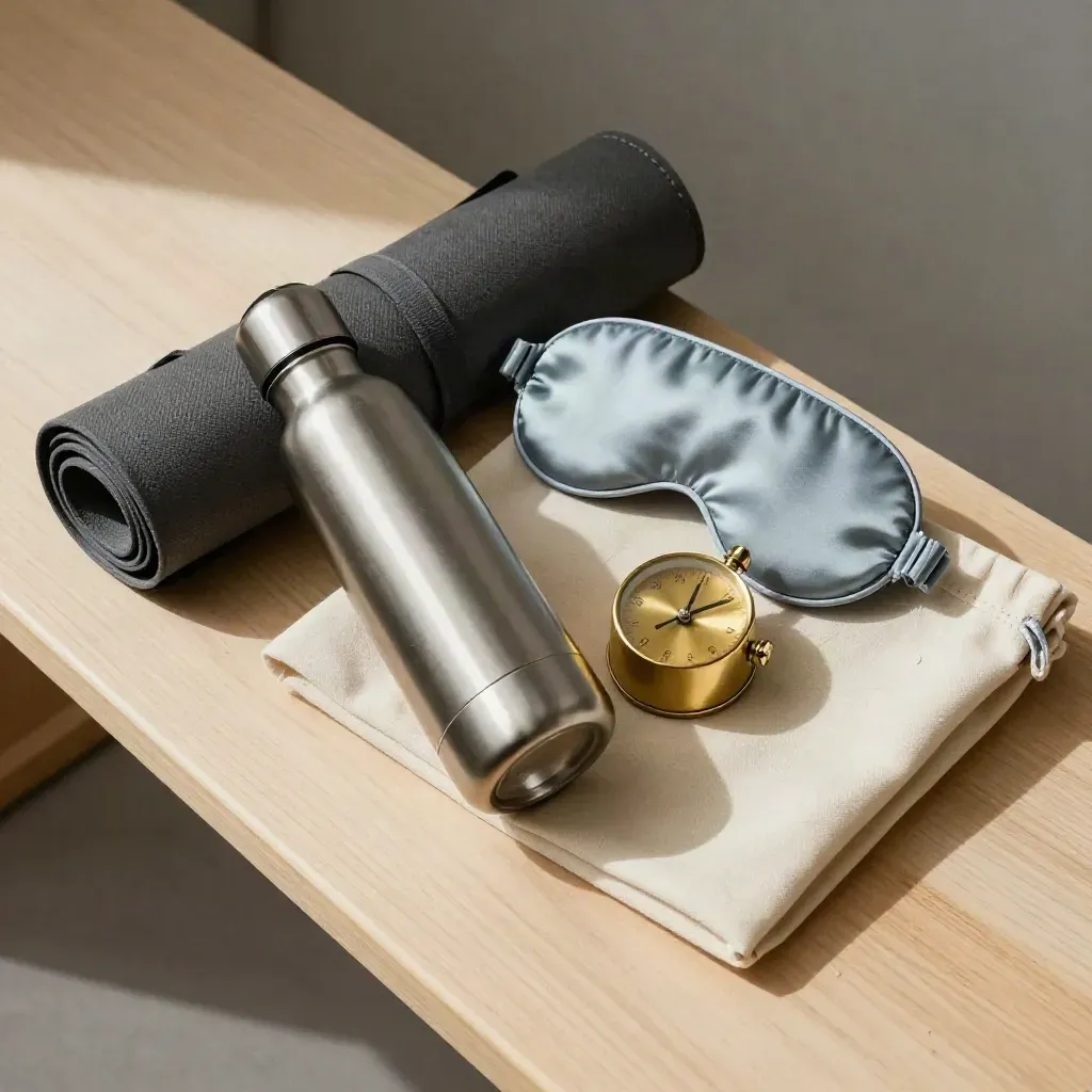Top-down wellness kit with mat strap, bottle, eye mask and brass timer on a pale bench.