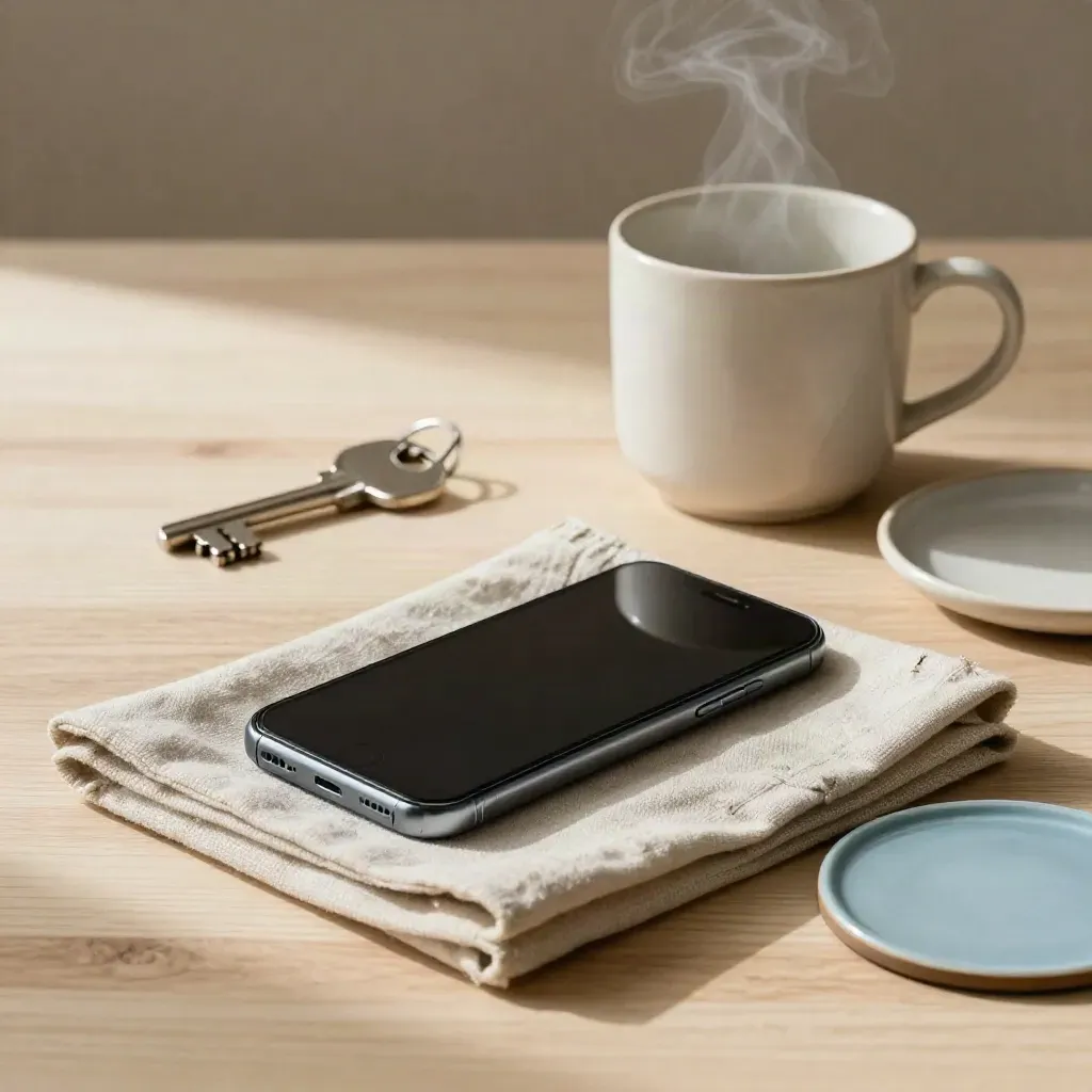 Face-down phone, steaming mug, and house key on a linen tray with calm morning light.