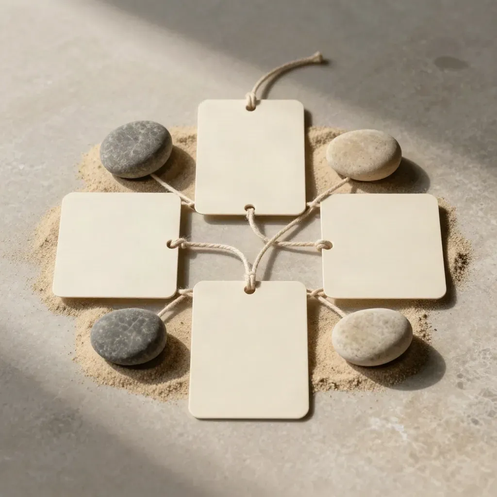 Overhead still life of cream cards, pebbles, and cord on limestone with soft shadows.