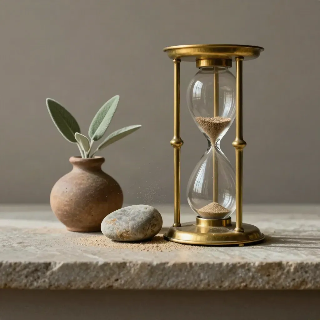 Brass hourglass with drifting sand, river stone, and sage sprig on a stone shelf.