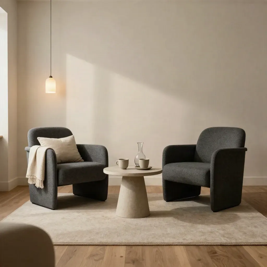 Two charcoal chairs face a small table with cups and carafe in a warm counselling room.