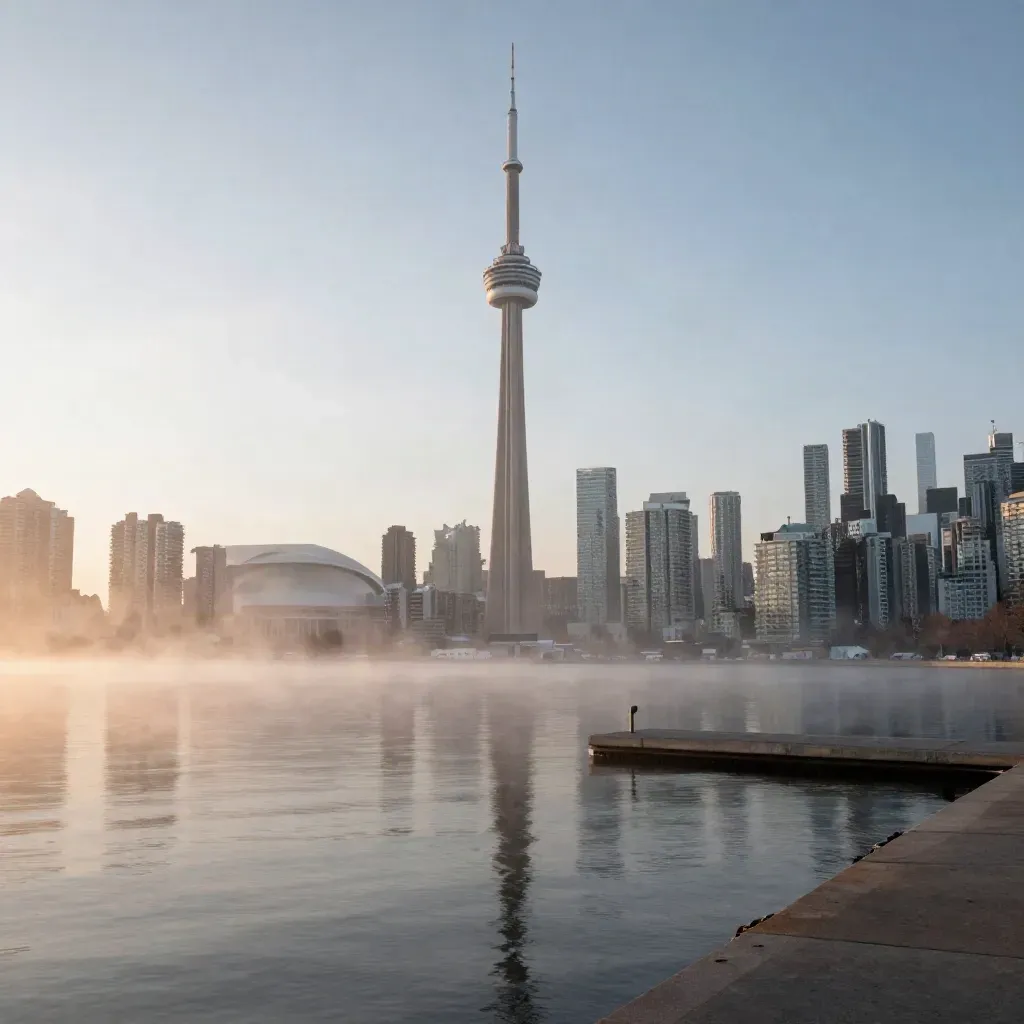Toronto skyline and CN Tower above misty Lake Ontario at dawn.