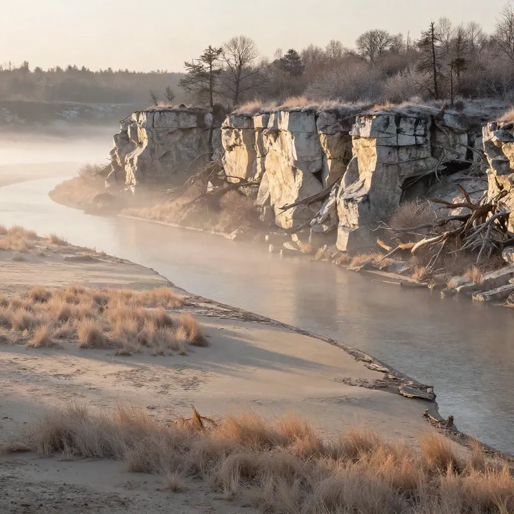 Frosted Credit River valley and limestone escarpment at sunrise, mist filling the lower frame.