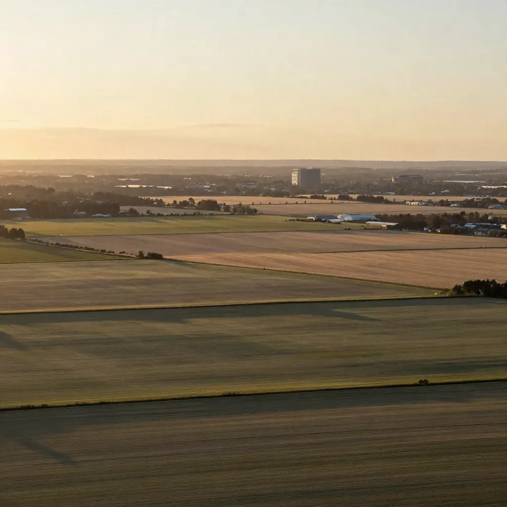 Golden-hour York Region farmland with distant glass towers and calm open fields for headline copy.