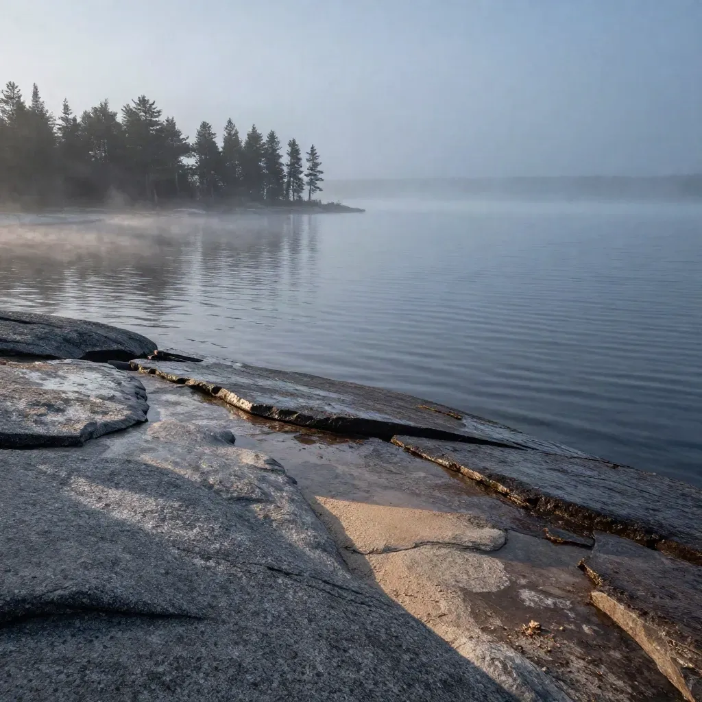 Blue-hour fog over wet granite slabs, still lake water and a distant pine line above a calm open shoreline.